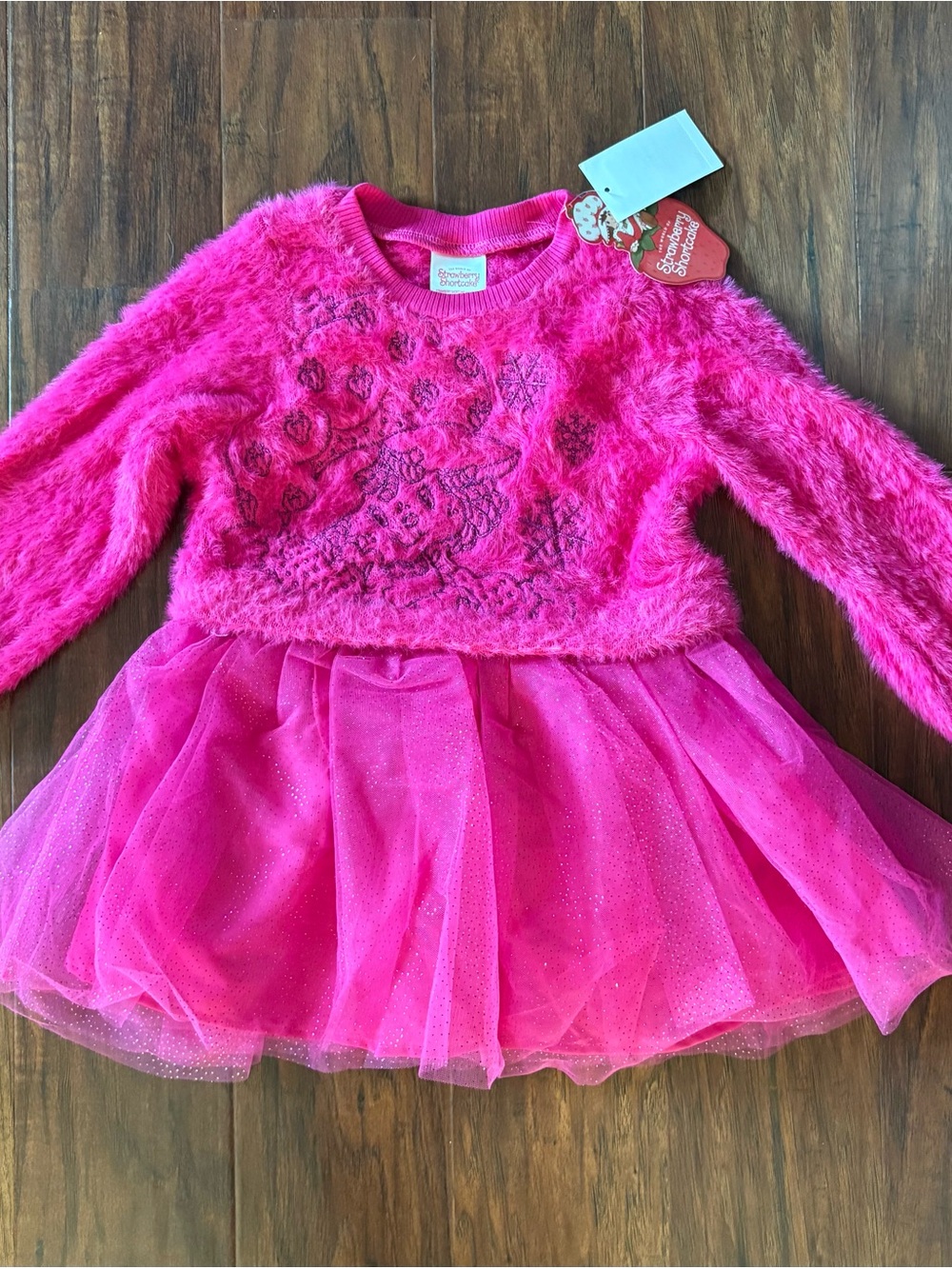 Girls Strawberry Shortcake Hot Pink Fuzzy Sweater Tulle Dress